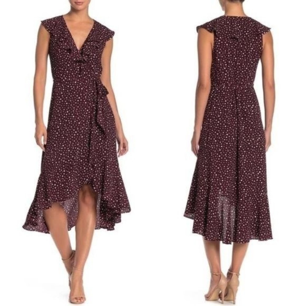 Max Studio Wrap Dress Size L Women's Floral Ruffle Midi Cap Sleeve V Neck